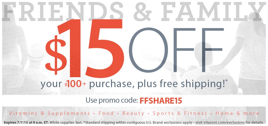 $15 off your $100+ purchase, plus free shipping!