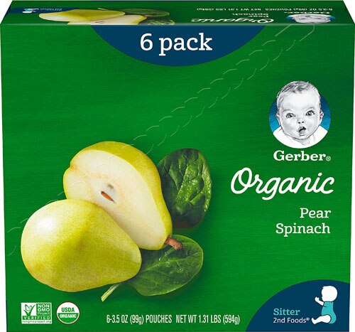 Gerber Organic Baby Food Pouches 2nd Foods 3.5 Oz Pear Spinach 6
