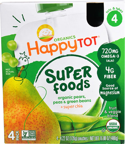 Happy Baby HappyTot Organic Superfoods Green Bean Pear & Pea 4 Pouches Non - GMO