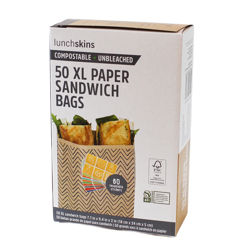 Lunchskins XL Paper Sandwich Bags Compostable Unbleached Chevron 50