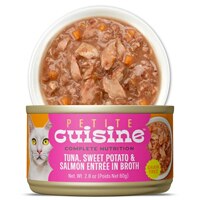 Petite Cuisine Wet Cat Food Entree in Broth Aunt Molly's Tuna with Sweet Potato & Salmon