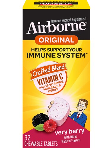 Airborne Chewable Tablets Berry Vitamin C & E Zinc Immune Support -- 32 Chewable Tablets