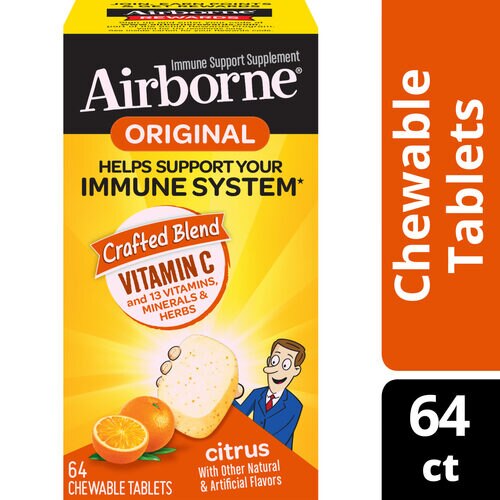 Airborne Chewable Tablets Citrus Vitamin C & E Zinc Immune Support -- 64 Chewable Tablets