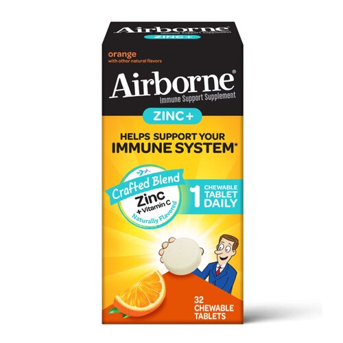 Airborne Plus Chewable Tablets Orange Vitamin C Zinc Immune Support