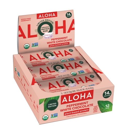 Aloha Plant-Based Protein Bars Peppermint White Chocolate -- 12 Bars