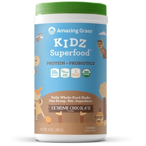 Amazing Grass Kidz Superfood Protein + Probiotics Drink Mix Powder Extreme Chocolate -- 15 Servings