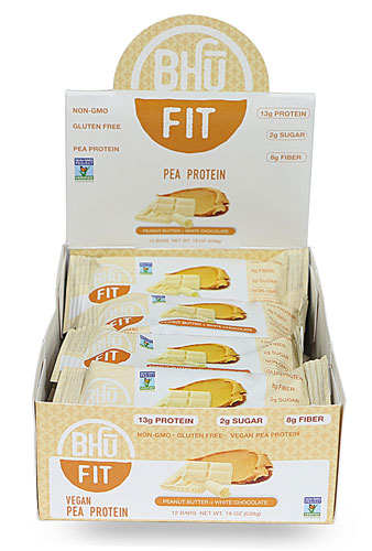 BHU Fit Vegan Organic Pea Protein Bar Peanut Butter plus White Chocolate -- 12 Bars