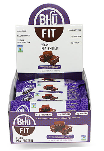 BHU Fit Vegan Organic Pea Protein Bar Superfood Chocolate Chip plus Fudge Brownie Batter -- 12 Bars