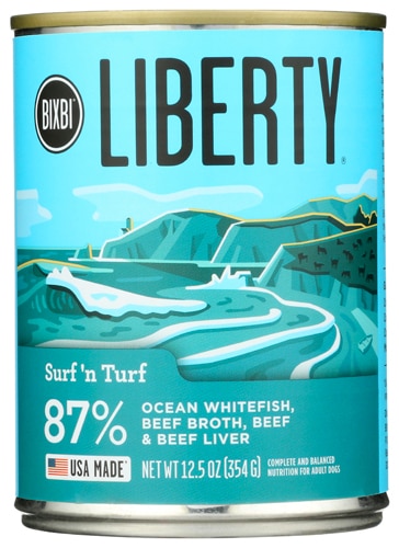 Bixbi Liberty Wet Dog Food 87% Ocean Whitefish Beef Broth Beef & Beef Liver Surf'n Turf Recipe