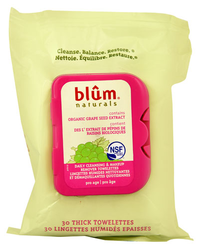 Blum Naturals Daily Cleansing and Makeup Remover Towelettes with Grape Seed -- 30 Towelettes