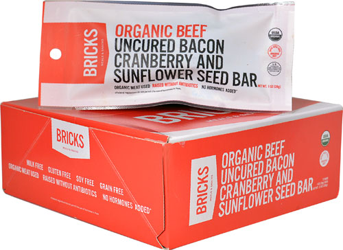 Bricks Organic Beef Jerky Bar Uncured Bacon Cranberry and Sunflower Seed -- 12 Bars