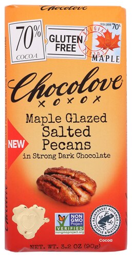 Chocolove Gluten Free Maple Glazed Salted Pecans in Strong Dark Chocolate 70% -- 3.2 oz