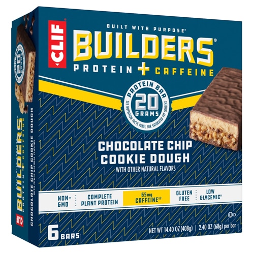 Clif Bar Gluten Free Builders Plant Based Protein Plus Caffeine Bars Chocolate Chip Cookie Dough 6 Bars