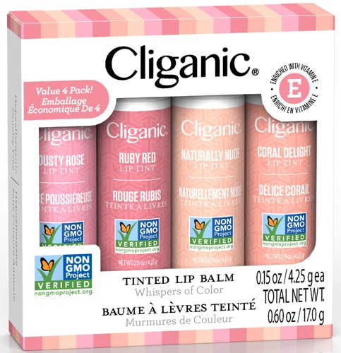 Cliganic Tinted Lip Balm Non-GMO 4-Pack -- 4 Lip Balms