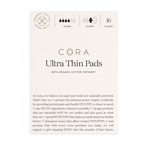 Cora Organic Cotton Topsheet Ultra Thin Super Period Pads -- 16 Pads
