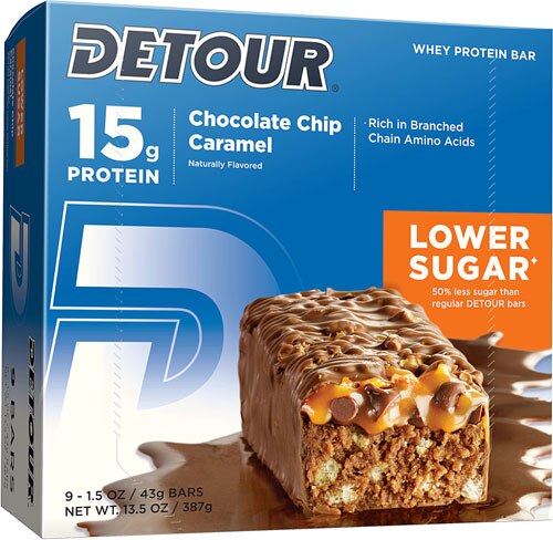 Detour Bar Lower Sugar Whey Protein Bar Chocolate Chip Caramel -- 9 Bars
