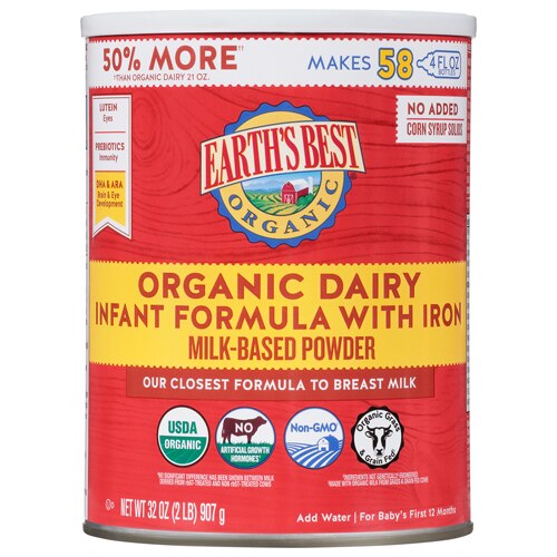 Earth's Best Organic Baby Formula Dairy Based Powder Infant Formula with Iron Non-GMO Omega-3 DHA and Omega-6 ARA -- 32 oz