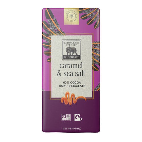 Endangered Species Dark Chocolate 60% Cocoa Bar Gluten Free Caramel and Sea Salt