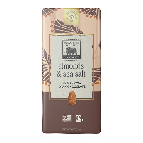Endangered Species Dark Chocolate 72% Cocoa Bar Vegan Gluten Free Almonds & Sea Salt