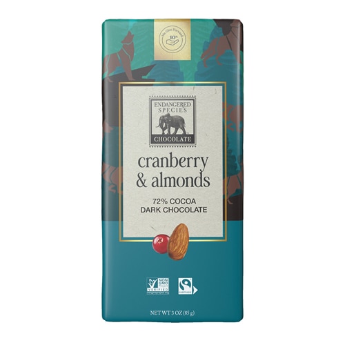 Endangered Species Dark Chocolate 72% Cocoa Bar Vegan Gluten Free Cranberry and Almonds