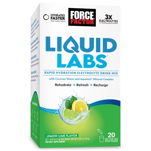 Force Factor Liquid Labs Rapid Hydration Electrolyte Drink Mix Lemon Lime -- 20 Stick Packs