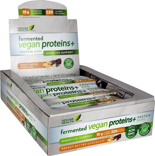 Genuine Health Fermented Vegan Proteins plus Protein Bars Digestive Support Peanut Butter Chocolate -- 12 Bars