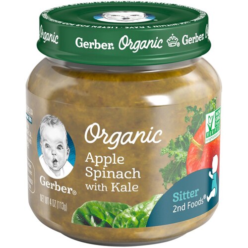 Gerber Organic Baby Food Stage 2 Apple Spinach Kale Puree Glass Jar