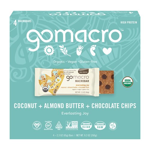 Go Macro Organic Gluten Free Macrobar Coconut Almond Butter Chocolate Chip -- 4 Bars