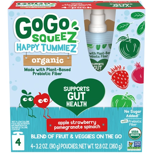 GoGo Squeez Happy Tummiez Organic Apple Strawberry Pomegranate Spinach -- 4 Pouches