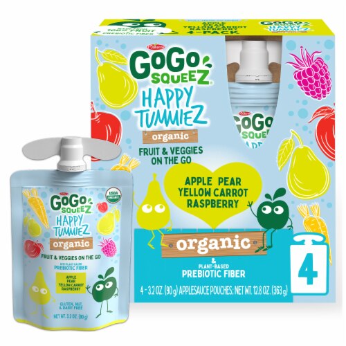 GoGo Squeez Happy Tummiez Organic Raspberry Pear Yellow Carrot Pouches -- 4 Pouches
