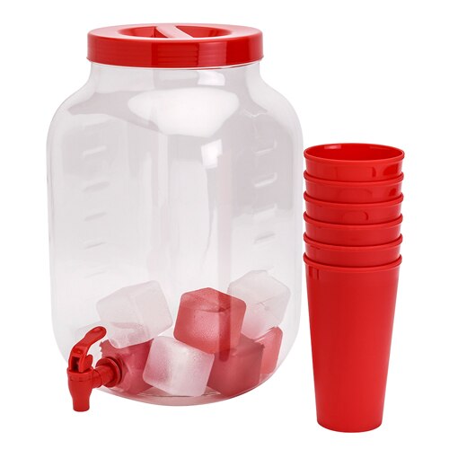 HD Designs Outdoors Acrylic Beverage Dispenser with Cups & Ice Cubes - Red