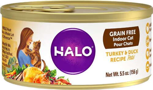 Halo Turkey & Duck Recipe Pate Grain-Free Indoor Cat Canned Cat Food -- 5.5 oz Each / Pack of 12