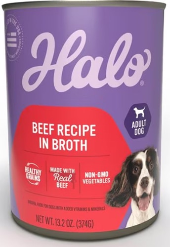 Halo Wet Dog Food Healthy Grains Beef Recipe in Broth