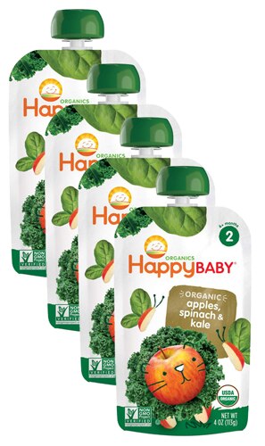 Happy Baby Organic Baby Food Apples Spinach & Kale Stage 2 Pouch 4 oz Each / Pack of 4