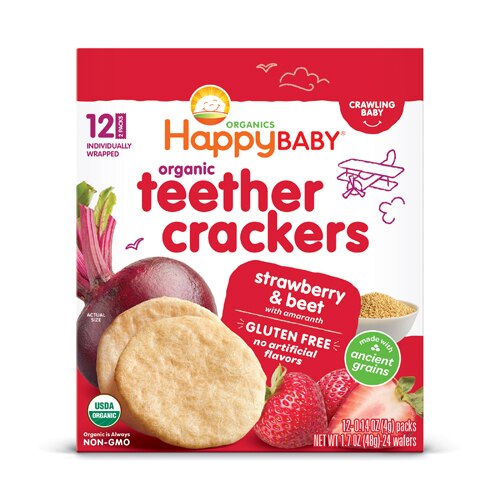 Happy Baby Organic Teethers Crackers Strawberry & Beet - Crawling Baby -- 0.14 oz Each / Pack of 12