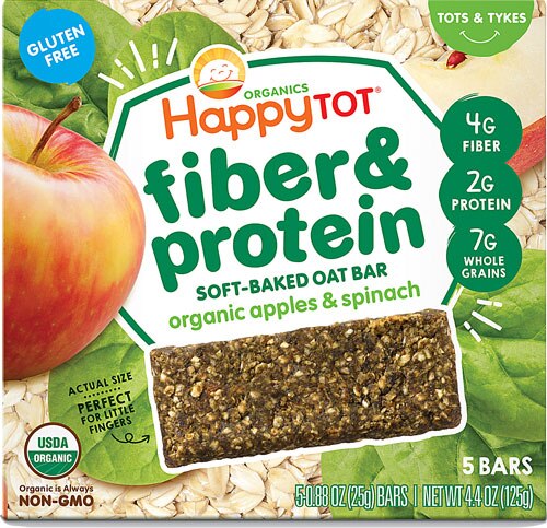 Happy Tot Organic Fiber & Protein Soft-Baked Oat Bar Apples & Spinach - Tots & Tykes -- 5 Bars