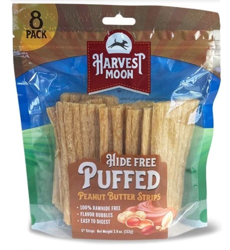 Harvest Moon Dog Chew Treat Hide-Free Puffed Strips Peanut Butter