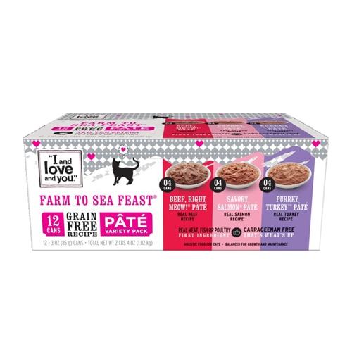 I and Love and You Farm to Sea Feast Pate Wet Cat Food Variety Pack Beef Salmon Turkey