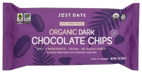 Just Date Organic Chocolate Chips - Date Sweetened - Vegan & No Sugar Added Dark Chocolate