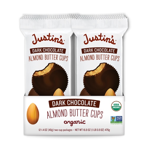 Justin's Organic Dark Chocolate Peanut Butter Cups, 12 Pack (2 Cups Each)