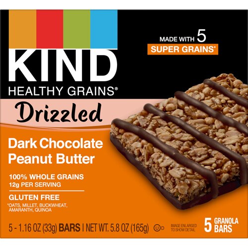 KIND Gluten Free Healthy Grains Granola Drizzled Bars Dark Chocolate Peanut Butter -- 5 Bars