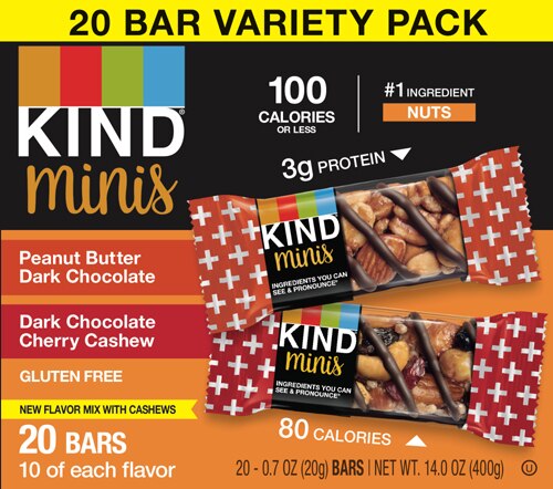 KIND Gluten Free Snack Mini Bars Variety Pack Peanut Butter Dark Chocolate & Dark Chocolate Cherry Cashew -- 20 Bars