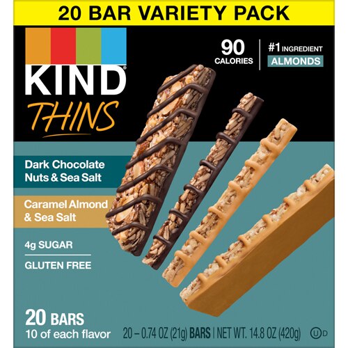 KIND Gluten Free Thins Variety Pack Dark Chocolate Nuts & Sea Salt & Caramel Almond & Sea Salt -- 20 Bars