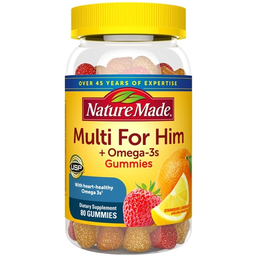 Nature Made Adult Gummies Multi for Him plus Omega-3s Lemon Orange & Strawberry -- 80 Gummies