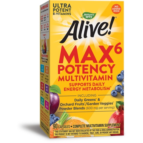 Nature's Way Alive! Max6 Potency Multivitamin - B-Vitamins - No Added Iron -- 90 Capsules