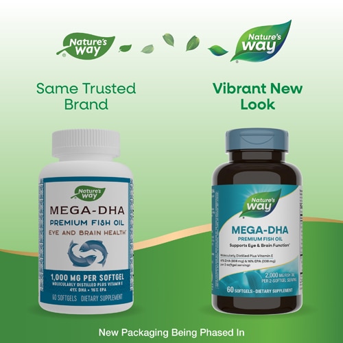 Nature's Way Mega-DHA Premium Fish Oil - Eye and Brain Health -- 1000 mg Per Softgel - 60 Softgels