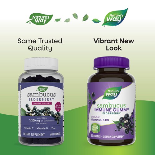 Nature's Way Sambucus Immune Gummies - Elderberry - Vitamin C - VitaminD3 - Zinc -- 60 Gummies