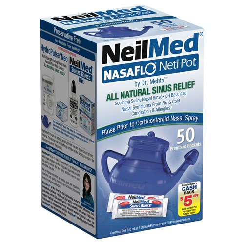 NeilMed NasaFlo Unbreakable Neti Pot with 50 Premixed Packets