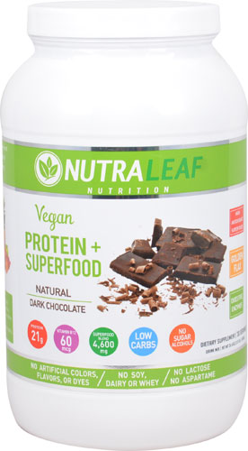NutraLeaf Vegan Protein Plus Superfood Drink Mix Dark Chocolate -- 30 Servings
