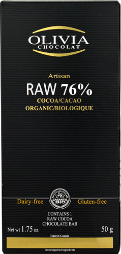 Olivia Chocolat Artisan 76% Raw Cocoa Chocolate Bar Organic -- 1.75 oz